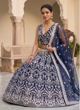 Embroidered Work Net Trendy Lehenga Choli in Navy Blue for Ceremonial