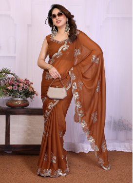 Georgette Traditional Saree with Embroidered Work for Casual in Orange