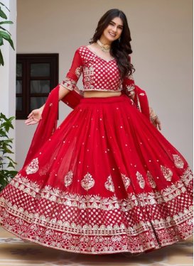 Georgette Readymade Lehenga Choli with Embroidered Work in Red for Festival