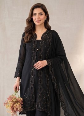 Chanderi Silk Readymade Salwar Suit with Embroidered Work for Women in Black