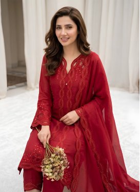 Embroidered Work Chanderi Silk Readymade Salwar Suit in Red for Ceremonial