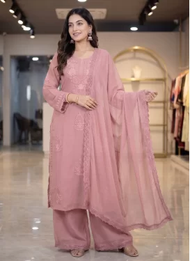 Georgette Palazzo Suit in Pink with Embroidered Work for Women