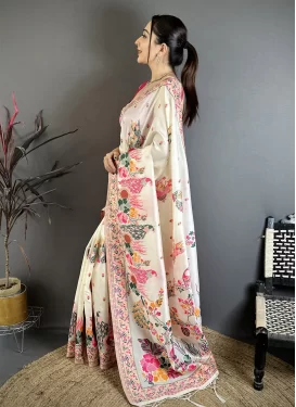 Digital Print Work Pasmina Classic Saree in Off White for Festival