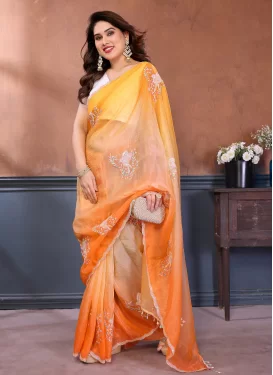Embroidered Work Fendi Silk Traditional Saree in Cream and Orange for Women