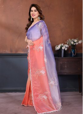 Fendi Silk Traditional Saree with Embroidered Work for Ceremonial in Lavender and Salmon
