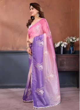 Embroidered Work Fendi Silk Traditional Saree in Pink and Violet for Women