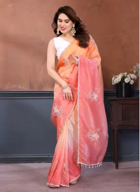 Fendi Silk Trendy Saree with Embroidered Work in Peach and Salmon for Festival