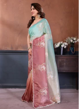 Salmon and Turquoise Fendi Silk Embroidered Work Trendy Saree for Women