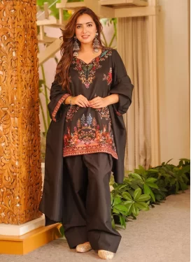 Silk Blend Readymade Salwar Suit with Embroidered Work for Festival in Black