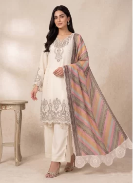 Off White Georgette Readymade Salwar Suit with Embroidered Work for Festival