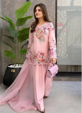 Crepe Silk Palazzo Suit with Embroidered Work in Pink for Ceremonial