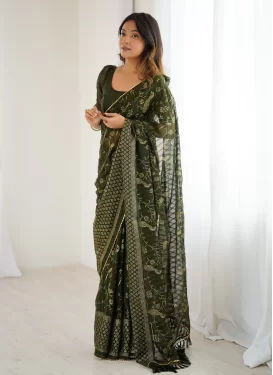 Foil Print Work Georgette Classic Saree in Olive for Women