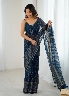 Georgette Foil Print Work Classic Saree in Teal