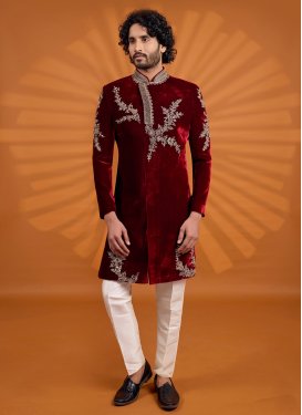 Velvet Wedding Sherwani in Beige and Maroon with Embroidered Work for Men