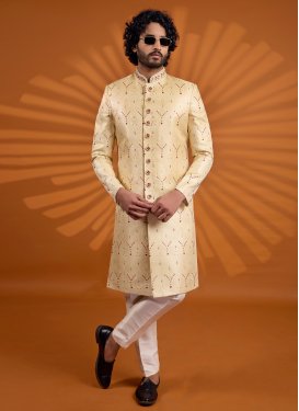 Jacquard Silk Wedding Sherwani in Cream with Resham Work for Party