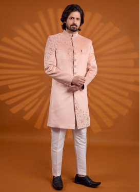 Velvet Wedding Sherwani in Off White and Peach with Cutdana Work for Party