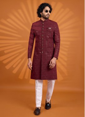 Georgette Wedding Sherwani in Off White and Red with Embroidered Work for Men