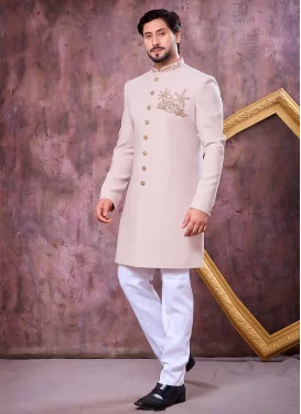 Beads Work Art Silk Indo Western in Beige and White for Men