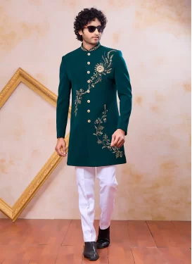 Art Silk Indo Western with Cutdana Work for Men in Teal and White