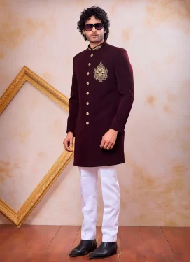 Resham Work Art Silk Indo Western in White and Wine for Festival