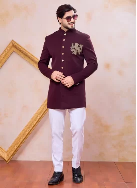 Beads Work Art Silk Indo Western in Maroon and White for Men