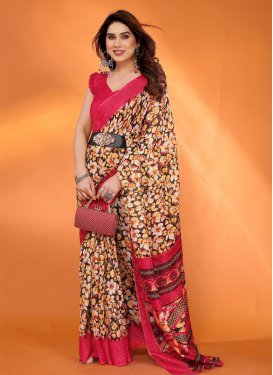 Cotton Silk Traditional Saree with Digital Print Work in Coffee Brown and Rose Pink for Casual
