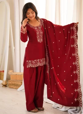 Fancy Fabric Palazzo Suit with Embroidered Work in Red