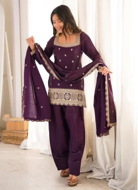 Purple Fancy Fabric Palazzo Suit with Embroidered Work for Festival