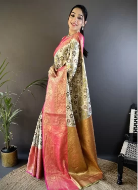 Off White and Rose Pink Kanjivaram Silk Traditional Saree with Woven Work for Festival