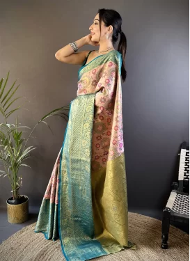 Woven Work Kanjivaram Silk Traditional Saree in Mauve Pink and Teal for Ceremonial