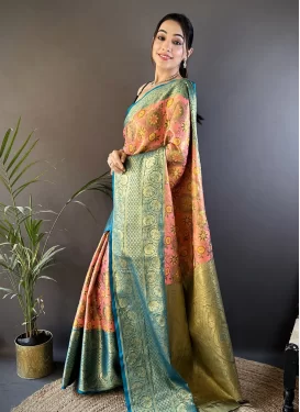 Woven Work Trendy Saree For Ceremonial in Salmon and Teal