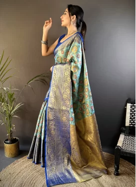 Kanjivaram Silk Trendy Saree with Woven Work in Blue and Firozi for Ceremonial