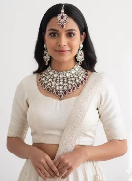 Gold Rodium Polish Stone Work Alloy Maroon and White Necklace Set