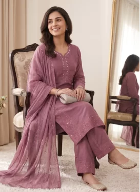 Chanderi Silk Readymade Salwar Suit with Embroidered Work in Mauve Pink