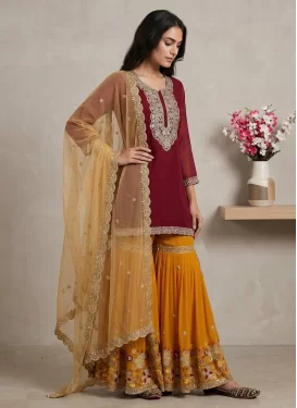 Silk Georgette Sharara Suit in Maroon and Orange with Embroidered Work for Women