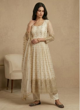 Embroidered Work Georgette Anarkali Suit in Off White for Women