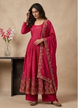 Embroidered Work Crepe Silk Anarkali Suit in Rose Pink for Ceremonial