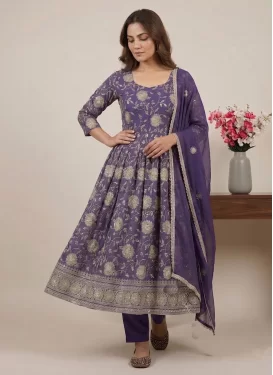 Crunchy Silk Anarkali Suit with Embroidered Work in Purple