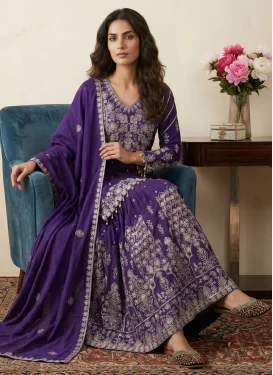 Embroidered Work Chinon Readymade Salwar Suit in Purple for Women
