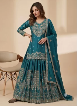 Chinon Embroidered Work Readymade Salwar Suit in Teal