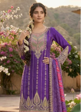 Embroidered Work Chinon Punjabi Salwar Suit in Purple for Women