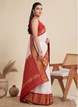 Art Silk Traditional Saree in Red and White with Woven Work for Casual