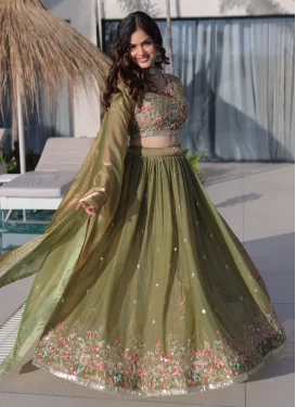 Fendi Silk Designer Lehenga Choli with Embroidered Work for Party in Olive