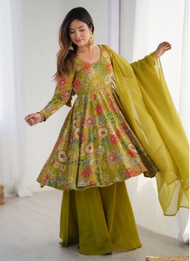 Chanderi Silk Palazzo Suit with Digital Print Work in Olive for Party