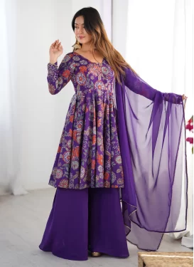 Chanderi Silk Palazzo Suit with Digital Print Work for Women in Purple