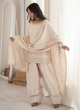 Silk Blend Palazzo Suit with Embroidered Work for Ceremonial in Off White