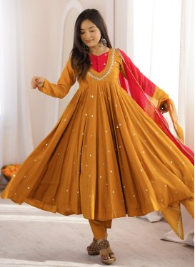 Silk Blend Anarkali Suit in Magenta and Mustard with Embroidered Work for Ceremonial