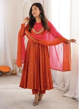 Silk Blend Anarkali Suit in Magenta and Orange with Embroidered Work for Festival