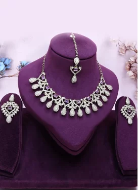 Stone Work Lavender and White Gold Rodium Polish Necklace Set