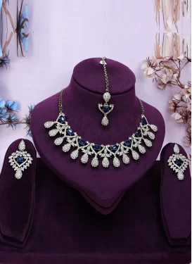 Navy Blue and White Stone Work Alloy Gold Rodium Polish Necklace Set